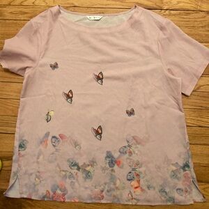 But fly light weight pink  short sleeve blouse with butterflies. Size L NWOt